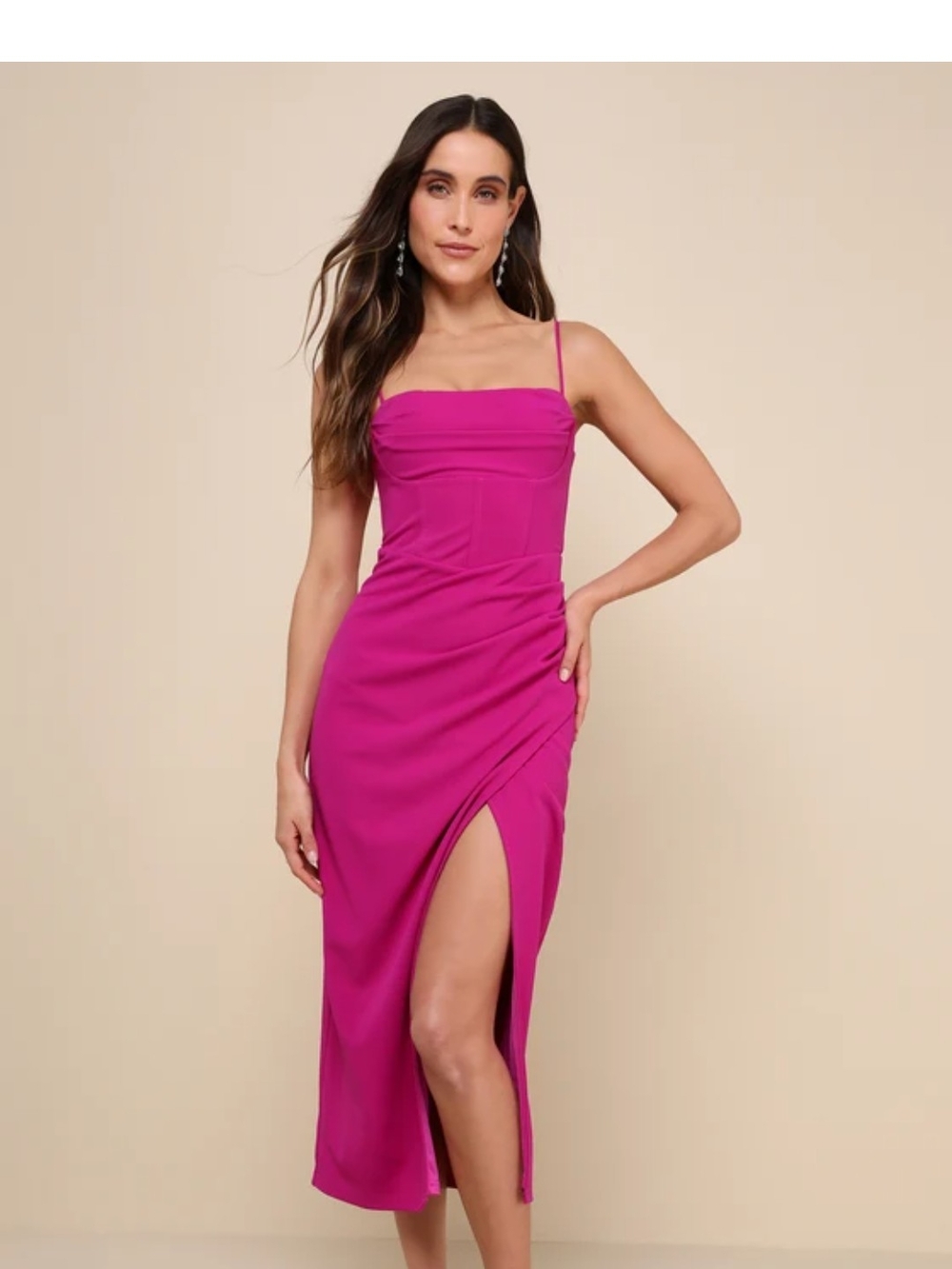 Lulu's Fuchsia Spaghetti-Strap Midi Dress with High Side Slit